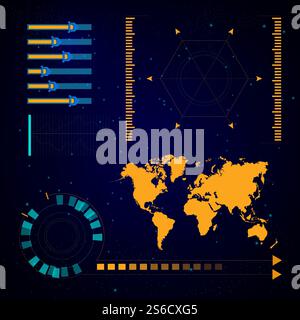 Futuristic user interface, game design, virtual technology, spaceship navigation vector. Hologram map, Earth continents on touchscreen. Control panel target screen, sci fi digital radar for vr. Virtual technology and spaceship navigation, futuristic user interface Stock Vector