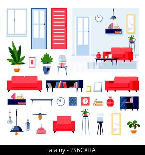 Living room furniture, house interior design isolated icons vector. Couch or sofa, coffee table and shelves, armchair and lamps, indoor plants and clocks. Photo frames and books, mirror and vase. House interior design, living room furniture isolated icons Stock Vector