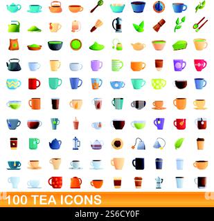 100 tea icons set. Cartoon illustration of 100 tea icons vector set isolated on white background. 100 tea icons set, cartoon style Stock Vector