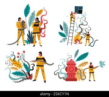 Firefighters with rescue equipment, firefighting emergency, firemen with hose, isolated icons vector. Men in helmet with extinguisher and hydrant or fireplug. Fireman on ladder extinguishing flame. Fire rescue team, firefighters with hose and hydrant, isolated icons Stock Vector