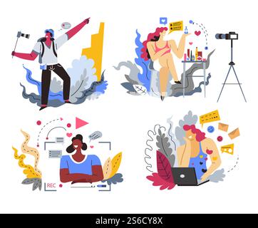 Internet blogger or content maker, web blogging and online streaming, isolated icons vector. Video recording, travel or beauty blog, comments and likes. Camera and light, man and woman influencers. Web blogging, bloggers or content makers isolated icons Stock Vector