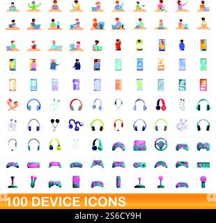 100 device icons set. Cartoon illustration of 100 device icons vector set isolated on white background. 100 device icons set, cartoon style Stock Vector