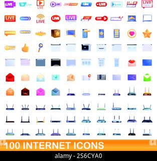 100 internet icons set. Cartoon illustration of 100 internet icons vector set isolated on white background. 100 internet icons set, cartoon style Stock Vector