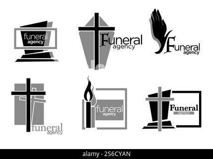 Funeral services agency isolated icons, gravestone and cross or candle vector. Burring process and interment arrangement emblems or logo, mourning symbols. Death rituals and cemetery tombstones. Interment and burial, funeral services agency isolated icons Stock Vector
