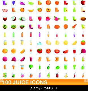 100 juice icons set. Cartoon illustration of 100 juice icons vector set isolated on white background. 100 juice icons set, cartoon style Stock Vector