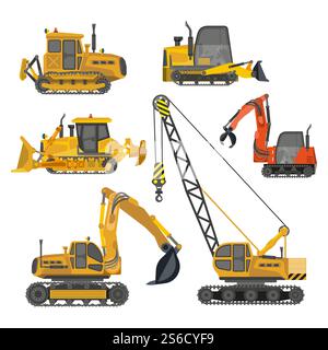 Construction equipment, machines for building work isolated icons vector. Forklifts and cranes, excavators and tractors, bulldozers and trucks. House constructing and road repair vehicles with hooks. Building work, construction machinery equipment isolated icons Stock Vector