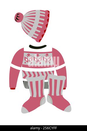 Winter clothes with Christmas patterns, Scandinavian ornament knitwear, isolated objects vector. Knitted hat and sweater, socks pair, handmade clothing. Warm woolen headdress and garments, holiday gift. Christmas pattern on winter clothes or knitwear, Scandinavian ornament Stock Vector