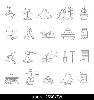 Gardening or horticulture, landscaping or priming works isolated icon vector. Soil testing and cultivation, garden tools and plant growing linear symbols. Digging and boring, geology and planting. Priming works, gardening and horticulture, landscaping isolated icons Stock Vector