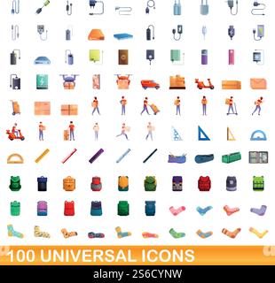 100 universal icons set. Cartoon illustration of 100 universal icons vector set isolated on white background. 100 universal icons set, cartoon style Stock Vector