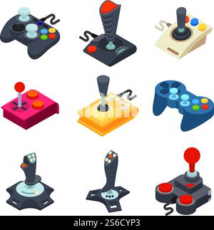 Joystick icons set. Isometric set of joystick vector icons for web design isolated on white background. Joystick icons set, isometric style Stock Vector