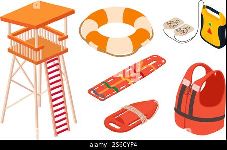 Sea safety icons set. Isometric set of sea safety vector icons for web design isolated on white background. Sea safety icons set, isometric style Stock Vector