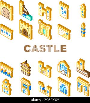 Castle Construction Collection Icons Set Vector. Medieval Castle Goal And Bridge, Tower And Wall, Aqueduct And Window, Destroyed Wall And Arch Isometric Sign Color Illustrations. Castle Construction Collection Icons Set Vector Illustration Stock Vector