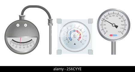 Metal thermometers with round scale and thin pointer isolated icons vector. Pressure rate indicator, home heating system scale, measuring tool dial. Hot and cold temperature, arrow and numbers. Pressure scale or thermometer, heating system dial isolated icon Stock Vector