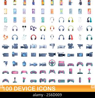 100 device icons set. Cartoon illustration of 100 device icons vector set isolated on white background. 100 device icons set, cartoon style Stock Vector