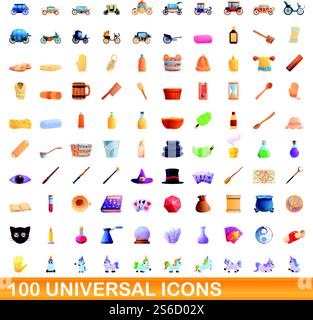 100 universal icons set. Cartoon illustration of 100 universal icons vector set isolated on white background. 100 universal icons set, cartoon style Stock Vector