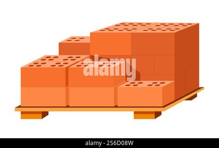 Building materials pile, bricks stack on wooden stand isolated icon vector. House construction elements, stone wall structure, industrial products. Warehouse and masonry, architecture industry. Bricks stack on wooden stand, building materials isolated icon Stock Vector