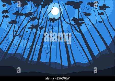 Night landscape, trees and moon in sky, nighttime forest vector. Wild nature or woods, plants and shadows view or scene. Jungle flora, mystery and fairytale scenery, moonlight and environment. Forest night landscape, trees and moon in sky, wild woods Stock Vector