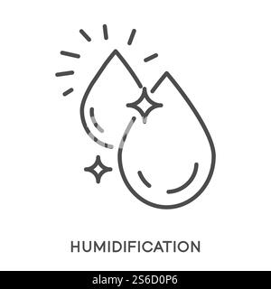 Humidification isolated icons, skincare or climatic system equipment vector. Water drops contour, air conditioner function or facial cream feature linear symbol. Evaporation, skin treatment means. Skincare or air conditioner function, humidification isolated linear icon Stock Vector
