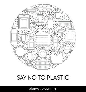 Plastic usage reduction, disposable tableware isolated outline icon vector. Product containers, bottle and packet, canister, plates and cutlery. Packs linear signs, synthetic material, saving planet. No plastic line icons emblem, disposable tableware Stock Vector
