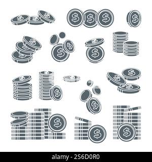 Dollar coins in row or falling down. Tall stack of silver cent coin monetary change cash, money savings, income, financial investment, banking and economy. Vector illustration on white background.. Grey silver dollar coins stacks in row or falling down Stock Vector