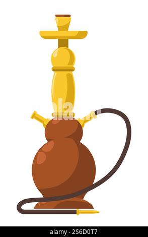Hookah, shisha in brown and gold metal colors. Traditional oriental instrument for smoking water pipe flavored tobacco, inhale vapor, harmful habit. Isolated vector illustration on white background.. Hookah in brown and gold for smoking water pipe tobacco Stock Vector