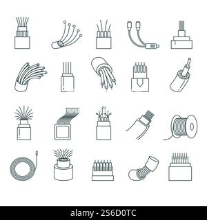 Optical fiber isolated outline icons, network connection, computer wire vector. Cable bobbin, data transfer, electronics store and internet services linear symbols. 5G and 4G networking technologies. Network connection, optical fiber isolated outline icons Stock Vector