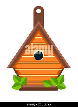 Wooden birdhouse isolated icon, hanging nesting box for garden and home decor vector. Feeding birds, construction to feed flying animal, small buildings of planks. Hole and green leaves, nature care. Birdhouse or nesting box isolated icon, handmade wooden construction Stock Vector