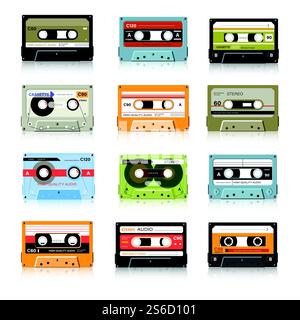 Retro cassettes, plastic audio tapes, vintage media device, music record isolated icons vector. Stereo sound, dj equipment, play radio technology. Songs and musical albums on audiocassette film. Cassette tapes, retro audio records, vintage media device isolated icons Stock Vector