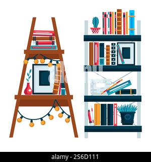 Bookshelves for study room or home library, office shelves, isolated icons vector. Reading book, school or living room bookcase and store bookshelf, literature. Indoor plants and garland, photo frame. Home library bookshelves isolated icons, study room Stock Vector