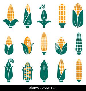 Sweet corn cobs minimal abstract icons set. Cereal grain, food plant, maize logo for farming, grocery market tag, packaging design collection in orange and green colors. Graphic vector illustration.. Sweet corn cobs icons collection in abstract graphic style Stock Vector