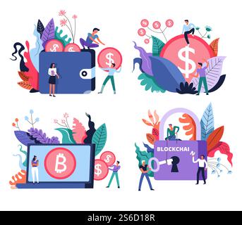 Bitcoin mining and profit, cryptocurrency and blockchain system isolated icons vector. Online wallet and laptop, lock and key. Digital money and Internet earning, IT technologies and finance. Bitcoin mining and marketplace, digital currency and blockchain, isolated icons Stock Vector