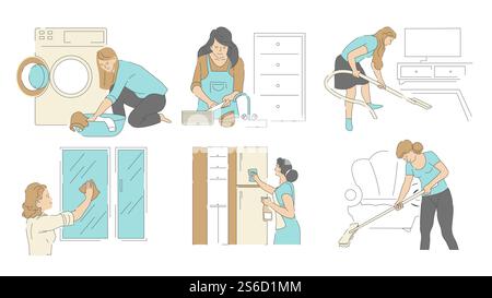 Cleaning house and laundry, woman doing household chores isolated icons vector. Housewife polishing furniture and washing dishes, wiping window glass. Girl hoovering and mopping floor, vacuum cleaner. Housework, cleaning house and laundry, housekeeping and household chores Stock Vector