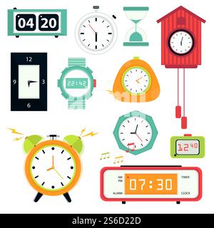 Clocks isolated icons, mechanic and electronic mechanisms, watch and stopwatch vector. Hourglass and alarmclock, time and countdown, ticking wall and table device. Hours counting, radio and timer. Watch and clock, stopwatch or timer and hourglass isolated icons Stock Vector