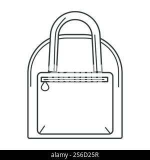 Handbag with handle and zipper pocket linear icon. Everyday bag, small travel carry on luggage item. Leather or textile fashion accessory. Minimal graphic flat vector illustration on white background.. Hand bag with handle and zipper pocket linear icon Stock Vector