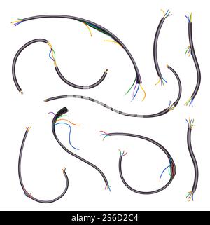 Flexible three-wire electrical cable isolated icons vector. Copper multicore cable in color insulation, cross section, curved power wire. Fiber optic tight buffered wiring structure, rubber isolation. Electric cables isolated icons, power wire or telecommunication Stock Vector