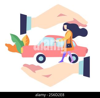 Car insurance services, accident protection, providing security vector.Woman and vehicle in agents hands, safety assurance and emergency money payment. Auto or transport financial insuring concept. Accident prevention, car insurance concept, woman and vehicle Stock Vector