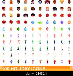 100 holiday icons set. Cartoon illustration of 100 holiday icons vector set isolated on white background. 100 holiday icons set, cartoon style Stock Vector