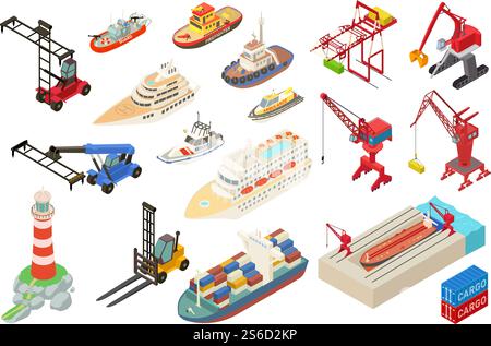 Marine port icons set. Isometric set of marine port vector icons for web design isolated on white background. Marine port icons set, isometric style Stock Vector