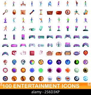 100 entertainment icons set. Cartoon illustration of 100 entertainment icons vector set isolated on white background. 100 entertainment icons set, cartoon style Stock Vector
