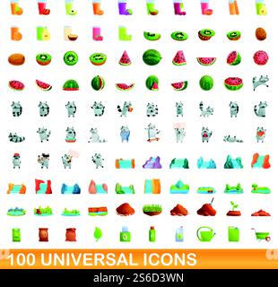 100 universal icons set. Cartoon illustration of 100 universal icons vector set isolated on white background. 100 universal icons set, cartoon style Stock Vector