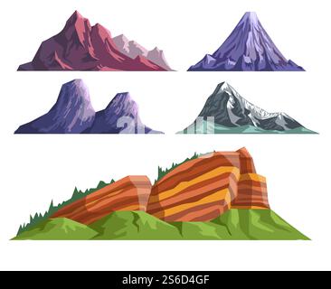 Landscape constructor set with mountains of different shapes, colors. High snowy peaks, rocky landforms, sleeping volcano or steep cliff. Collection for nature landscaping design. Vector illustration.. Landscape constructor set with various mountains and sleeping volcano Stock Vector