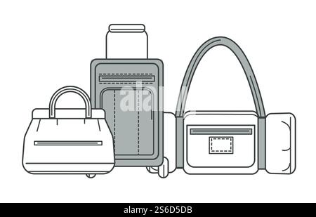 Suitcase on wheels and valise or sportbag, isolated outline icon vector. Baggage or luggage and carryon, summer vacation. Leather or textile containers with handle and belts, traveling accessory. Baggage or luggage, suitcase and sport bag or valise isolated line icon Stock Vector