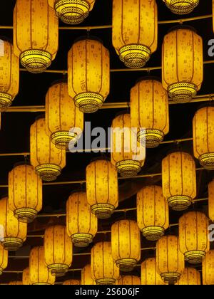 Dali, China - November 19, 2024 : A ceiling adorned with numerous glowing, golden, cylindrical lanterns.  They hang at varying heights, creating a war Stock Photo
