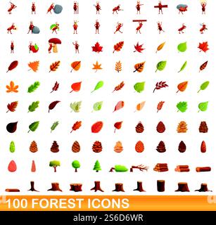 100 forest icons set. Cartoon illustration of 100 forest icons vector set isolated on white background. 100 forest icons set, cartoon style Stock Vector