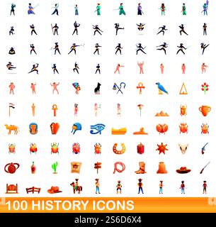 100 history icons set. Cartoon illustration of 100 history icons vector set isolated on white background. 100 history icons set, cartoon style Stock Vector