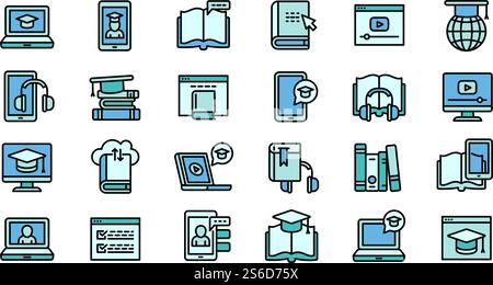 Interactive learning icons set. Outline set of interactive learning vector icons for web design isolated on white background. Interactive learning icons set, outline style Stock Vector