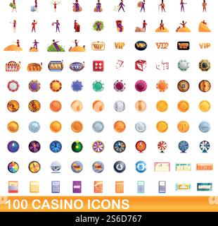100 casino icons set. Cartoon illustration of 100 casino icons vector set isolated on white background. 100 casino icons set, cartoon style Stock Vector