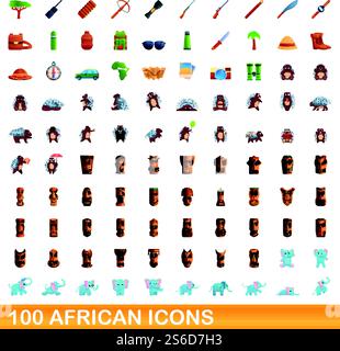 100 african icons set. Cartoon illustration of 100 african icons vector set isolated on white background. 100 african icons set, cartoon style Stock Vector