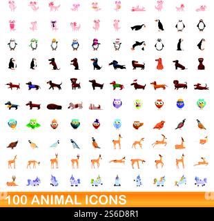 100 animal icons set. Cartoon illustration of 100 animal icons vector set isolated on white background. 100 animal icons set, cartoon style Stock Vector