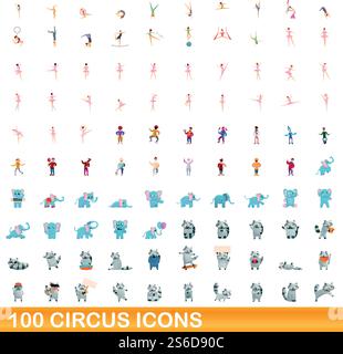 100 circus icons set. Cartoon illustration of 100 circus icons vector set isolated on white background. 100 circus icons set, cartoon style Stock Vector